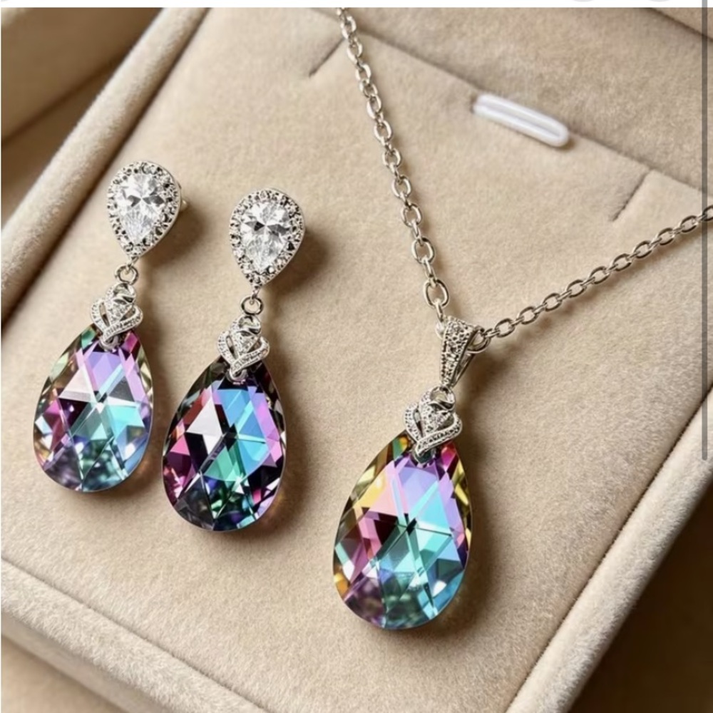 Colorful Teardrop CZ Pendant & Earrings Set - Multicolor